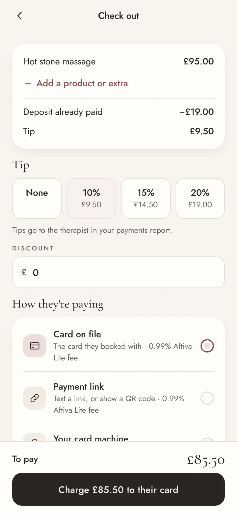 Checking out a hot stone massage: deposit taken off, 10% tip, charged to the card on file