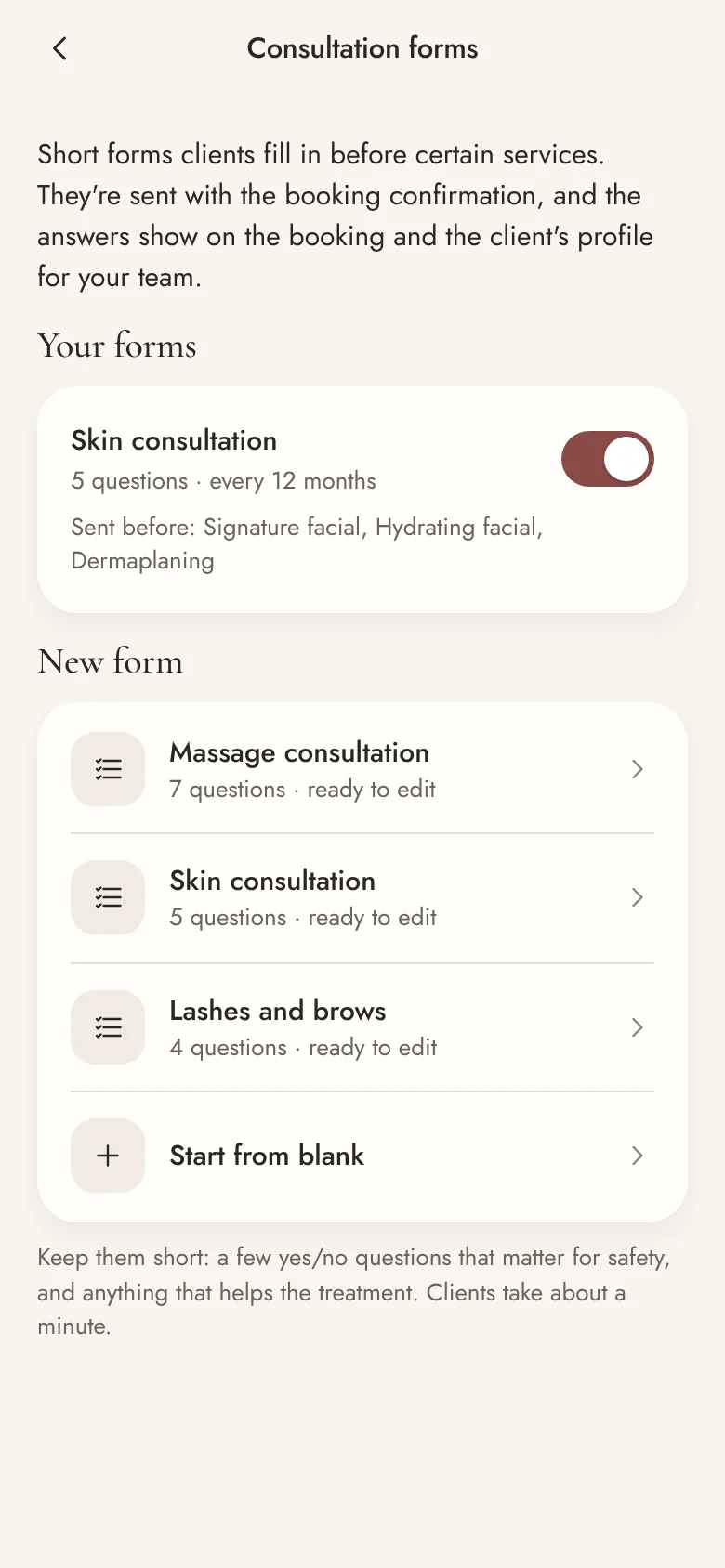 Consultation forms: a skin consultation sent before facials and dermaplaning, with ready-made massage, skin and lashes and brows forms