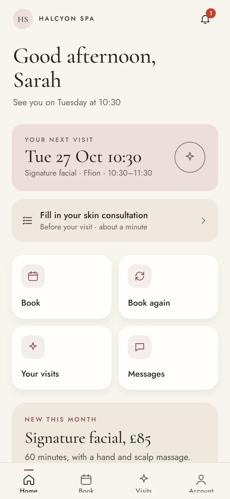 A client's home screen in Halcyon Spa's app: her next visit and a skin consultation to fill in